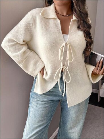 SHENHE Women's Tie Front Cardigan Collared Long Sleeve V Neck Casual Lightweight Knit Top in Saudi Arabia