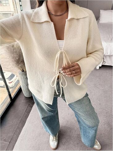 SHENHE Women's Tie Front Cardigan Collared Long Sleeve V Neck Casual Lightweight Knit Top in Saudi Arabia