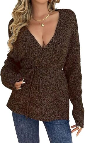 GCZREN Women Oversized V Neck Belt Tie Wrap Sweater Cardigan Winter Trendy Long Sleeves Open Front Knit Long Cardigans in Saudi Arabia