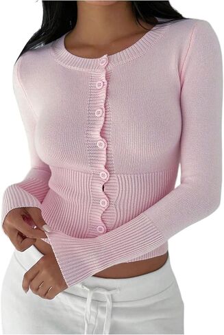 GORGLITTER Women's Button Up Cropped Cardigan Cinched Waist Long Sleeve Crew Neck Ribbed Knit Crop Sweater in Saudi Arabia