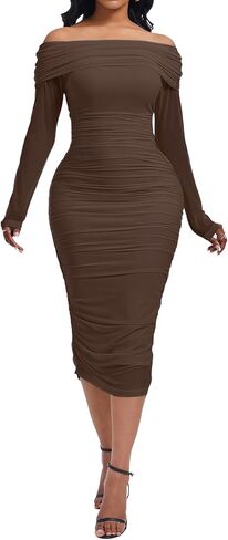 Yucixitug Women Off Shoulder Ruched Going Out Formal Club Bodycon Mesh Dress in Saudi Arabia