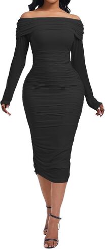 Yucixitug Women Off Shoulder Ruched Going Out Formal Club Bodycon Mesh Dress in Saudi Arabia