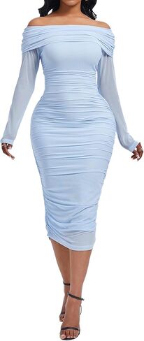 Yucixitug Women Off Shoulder Ruched Going Out Formal Club Bodycon Mesh Dress in Saudi Arabia