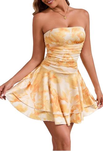 Pzosq Women Tube Top Dress Off Shoulder Ruched Ruffle A Line Flowy Party Club Short Dresses in Saudi Arabia