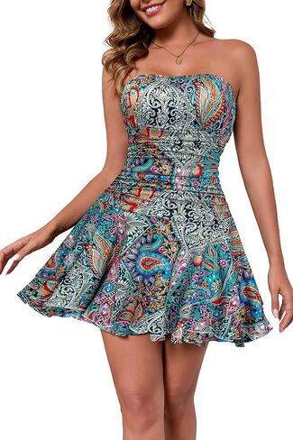 Pzosq Women Tube Top Dress Off Shoulder Ruched Ruffle A Line Flowy Party Club Short Dresses in Saudi Arabia
