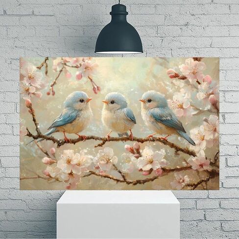 Birds Perched on Blossoms Vintage Rustic Canvas Wall Art - 12x18in Unframed Poster- Home & Office Decor for Living Room, Bedroom, Kitchen & Cafe in Saudi Arabia