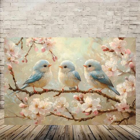 Birds Perched on Blossoms Vintage Rustic Canvas Wall Art - 12x18in Unframed Poster- Home & Office Decor for Living Room, Bedroom, Kitchen & Cafe in Saudi Arabia