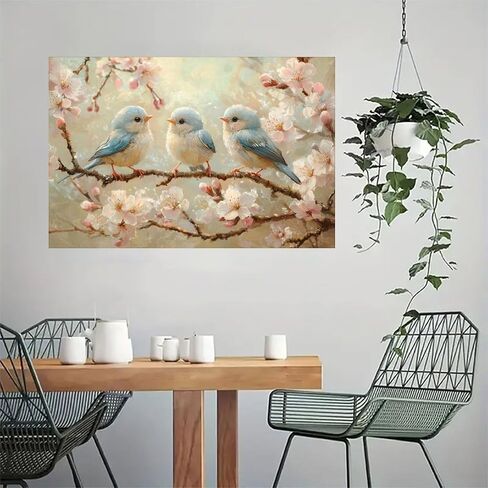 Birds Perched on Blossoms Vintage Rustic Canvas Wall Art - 12x18in Unframed Poster- Home & Office Decor for Living Room, Bedroom, Kitchen & Cafe in Saudi Arabia