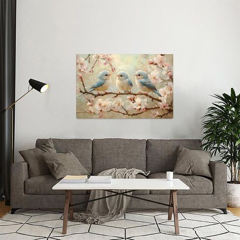 Birds Perched on Blossoms Vintage Rustic Canvas Wall Art - 12x18in Unframed Poster- Home & Office Decor for Living Room, Bedroom, Kitchen & Cafe in Saudi Arabia