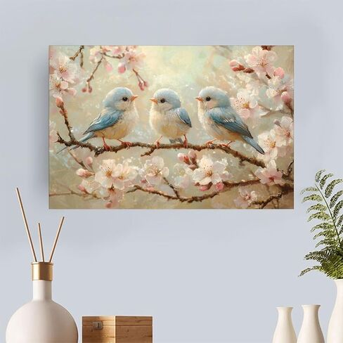 Birds Perched on Blossoms Vintage Rustic Canvas Wall Art - 12x18in Unframed Poster- Home & Office Decor for Living Room, Bedroom, Kitchen & Cafe in Saudi Arabia