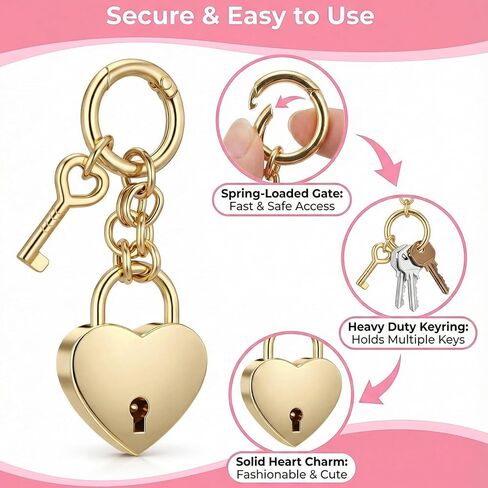 Tucnoeu Gold Heart Lock Bag Charms - إكسسوارات سلسلة مفاتيح على شكل قلب للنساء - إكسسوارات أزياء حقائب اليد in Kuwait