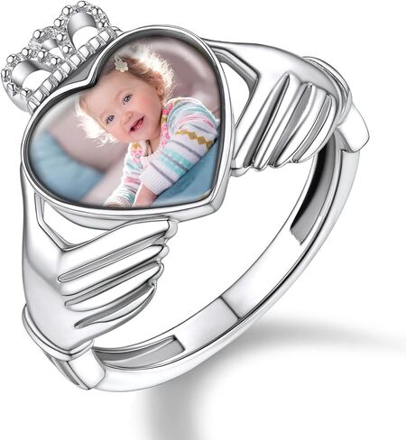 خواتم صور مخصصة للنساء من Custom4U - خاتم أنيق على شكل قلب/Claddagh مصنوع خصيصًا مع صورة بالداخل - مجوهرات ذاكرة منقوشة من الفضة الإسترليني 925/الفولاذ المقاوم للصدأ in Kuwait