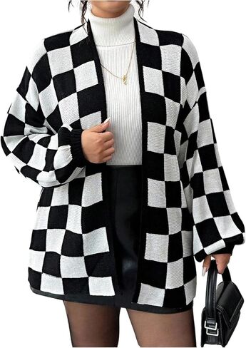 WDIRARA Women's Plus Size Plaid Checkered Cardigan Sweaters Open Front Knit Outerwear in Saudi Arabia