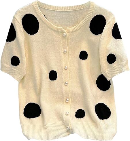WDIRARA Women's Polka Dots Button Up Sweater Crew Neck Short Sleeve Lightweight Cardigan Knit Top in Saudi Arabia