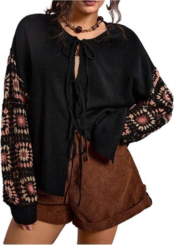 SHENHE Women's Plus Size Tie Front Cardigan Crochet Pachwork Loose Fall Knit Cardigan Sweater in Saudi Arabia