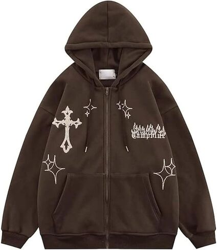 RYXSUN Gothic Hoodie Women Men Embroidery Zip Up Youth Hip Hop Cross Graphic Retro Fleece Sweatshirt Streetwear in Saudi Arabia