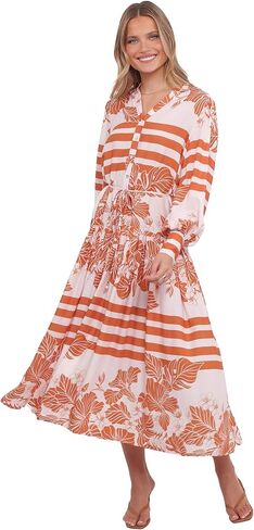 Petal & Pup Womens Jules-Long-Sleeve-Dress-White-Orange in Saudi Arabia