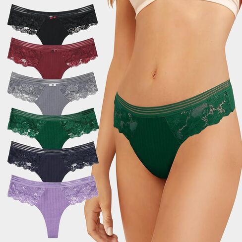 Wide Webbing Side Lace Thongs - 6PCS Striped Cotton Womens Underwear Sexy Ladies Panties Cheeky Soft Bikini Briefs in Saudi Arabia