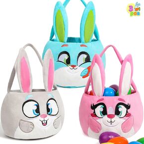 JOYIN 3 Pcs Plush Easter Bunny Basket, Cute Bunny Basket with Long Plush Ear for Baby Girls Boys Easter Egg Hunting, Party Supplies, Decorations, Candy Gifts Storage