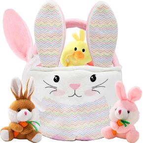 DINESIL Easter Bunny Basket Set, Easter Plush Basket with Rabbit Duck Keychains, Bunny Ears for Girls Boys Party Favors, Easter Basket Fillers, Easter Eggs Hunt, Easter Decorations Supplies