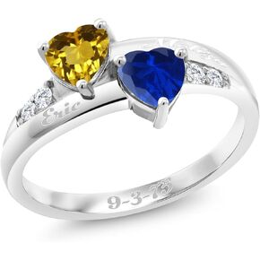 Gem Stone King 925 Sterling Silver Customized and Personalized 2-Stone Heart Shape Gemstone Birthstone and Lab Grown Diamond Custom Lazer Engraving Ring For Women