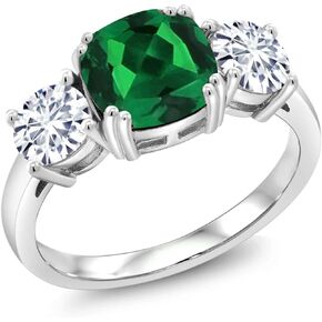 925 Sterling Silver Green Nano Emerald and Forever Brilliant Moissanite From Charles & Colvard 3 Stone Engagement Ring For Women (3.50 Cttw, May Birthstone, Cushion 8MM, Available in Size 5,6,7,8,9)
