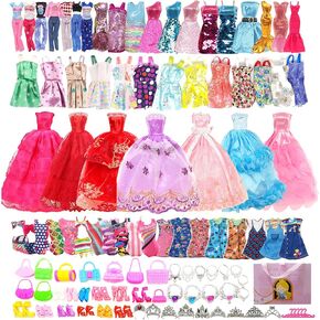 60 Pcs Doll Clothes and Accessories 4 Wedding Dresses 2party Dresses 2 Fashion Dresses 5Slip Dresses 2 Tops 2 Pants 3 Swimsuits 10 Shoes 10 Handbags 10 Hangers 10 Jewelry Accessories for 11.5" Doll