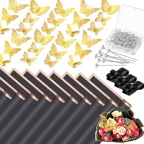 Seajan 60 Sheets Waterproof Flower Wrapping Paper Bouquet Wrapping Paper with 3 Ribbon 100 Diamond Pins 36 3D Gold Butterflies for Wedding Party Mother's Day Floral DIY Crafts(Black)