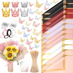 276 PCS Flower Wrapping Paper Bouquet Kit, 30 Sheets Waterproof Floral Wrapping Paper With Ribbons, Flower Pearl Pins, Bamboo Skewers, 3D Butterflies Crowns for Florist Craft Mother's Day Birthday