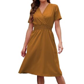 Kinivi Womens Summer Short Sleeve Sundress V Neck Floral Printed Belted Ruffle Hem Elastic Waist Party Dress
