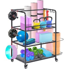 Home Gym Storage Rack, Yoga Mat Storage Racks, All in One Workout Equipment Storage Organizer for Yoga Ball Dumbbell Kettlebells Foam Roller Resistance Bands, Exercise Shelf with Hooks and Wheels in Kuwait