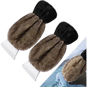 codree 2 Pcs Ice Scraper with Glove- Faux Fur Car Windshield Scraper Mitt- Snow Scraper Gloves for Cars Winter Snow and Ice Remover (Grey)
