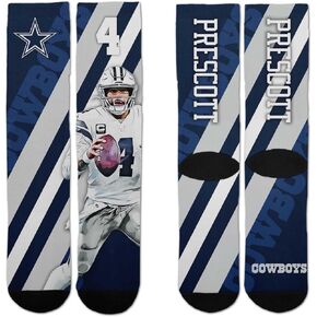 FBF Adult NFL Dak Prescott Player Stripe Sock, Footwear for Men and Women, Crew Socks for Game Day (Dallas Cowboys - BLUE, Adult Large)