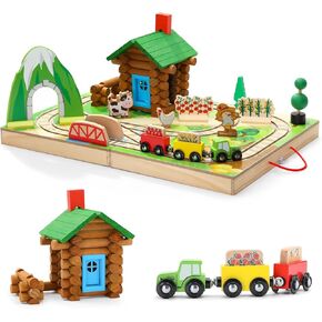 SainSmart Jr. 78 قطعة خشبية يمكن أخذها على طول سطح الطاولة، كابينة خشبية محمولة للمزرعة، مجموعات قطارات خشبية للأطفال من عمر 3 سنوات فما فوق - مواد معتمدة من مجلس رعاية الغابات (FSC) in Kuwait