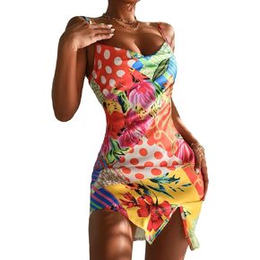 SHENHE Women's Boho Patchwork Print Thigh Slit Backless Spaghetti Strap Slip Cami Dress