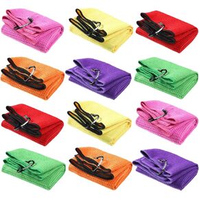 Meanplan 12 Pcs Microfiber Fabric Golf Towel 16 x 23 Inch Tri Fold Golf Towels for Golf Bags with Heavy Duty Clip Waffle Pattern Golf Towel for Men Women Golf Club Gifts