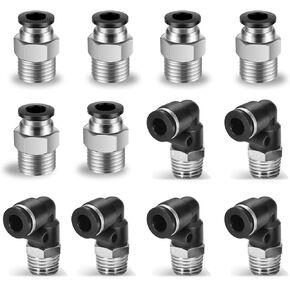 CNAODUN 12 Pcs Push to Connect Fittings 1/4 Inch Tube OD x 1/4 Inch NPT Thread Pneumatic Male Straight and Elbow Quick Connect Air line fittings