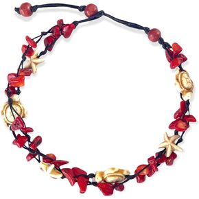 Anklet Stone Handmade Braided Rope Ankle Natural stone Turtle Starfish dolphin for Women Girls (Red Agate turtle starfish)