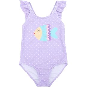 LIZENS Girls' Swimwear one Piece Ruffle Beach Bathing Suit for Girls Fish Toddler Cute Dots Kids Purple Swimsuit