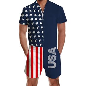 RAISEVERN 4th of July Outfits for Mens Romper USA American Flag Overalls Zipper Bro Shorts One Piece Jumpsuits with Pockets