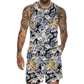 JoZorro Men's Floral Tank Top Set Sleeveless Tees Outfit Luxury Print Casual Sport T-Shirts Tracksuit Hawaii Beach Vacation