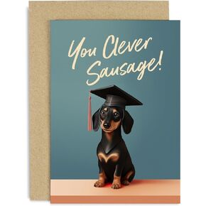 Old English Co. Well Done Graduation Card for Son or Daughter - 'You Clever Sausage' Daschund Dog Card - Congratulations Card for Him or Her - Driving Exam, Exams Results, New Job | Blank Inside