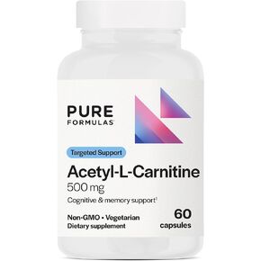 Pure Formulas Acetyl L-Carnitine Cognitive & Memory Support L Carnitine Supplement for Brain, Focus, & Calmness Alcar, 500mg Dairy Free Non-GMO 60 Capsules