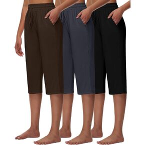 Huukeay 3 Pack Women's Capri Sweatpants, Cozy Lounge Drawstring Capris with Pockets Wide Legs Jogger Workout Yoga Pants