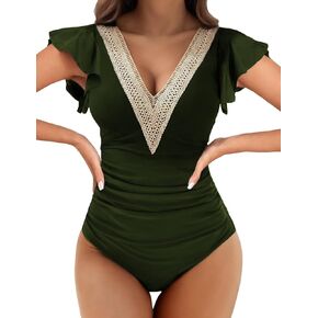 Womens One Piece Swimsuits Tummy Control Bathing Suits Deep V Lace Neckline Ruffle Full Coverage Swimwear for Women 2024