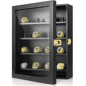 CollectHall Championship Ring Display Case, 16 Ring Posts, 10x12 Shadow Box, Baseball Ring Holder, Wall Mount, Black