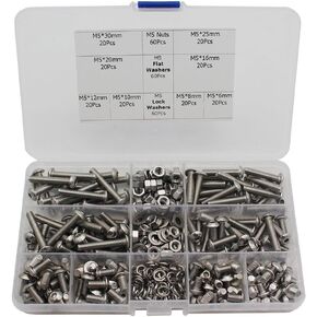 Raogoodcx 340Pcs M5 Stainless Steel Button Head Hex Socket Head Cap Bolts Screws 6mm 8mm 10mm 12mm 16mm 20mm 25mm 30mm Nuts Assortment Kit