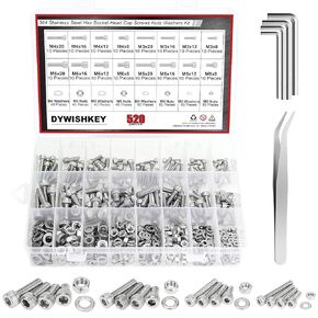 DYWISHKEY 520 PCS M3 M4 M5 M6, 304 Stainless Steel Hex Button Head Cap Bolts Screws Nuts Washers Assortment Kit with Hex Wrenches