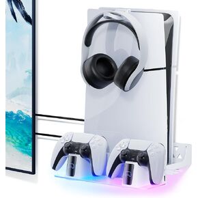 Mytrix RGB Wall Mount Kit with Dual Charging Station for PS5, Shelf Mount Compatible with Both PS5 and New PS 5 Slim Consoles, Wall Hanging Stand for Playstation 5 Accessories with Headset Holder in Kuwait