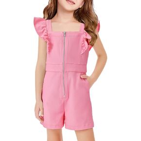 Haloumoning Girls Rompers Ruffle Sleeveless Square Neck Cute Short Jumpsuits Summer Outfits 4-14 Years